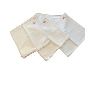 Vintage Set Of 12 Cream Color Linen Napkins With Cross Stitch Rose Flowers